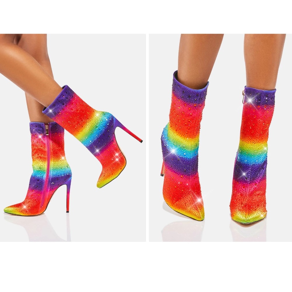 Dolls Kill Rainbow Pride Rhinestone Heeled Boots